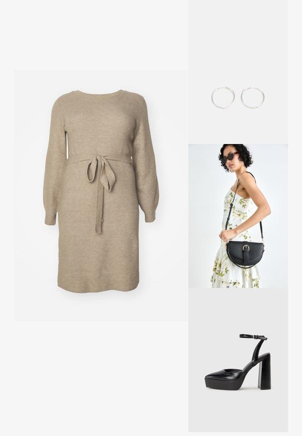 Trikotāžas kleita gaiši bēšā krāsā ar ribota auduma tekstūru. Ar garām piedurknēm, apaļu izgriezumu un auduma jostu, kas sasieta ap vidu.; Melnas platformas papēžs ar norādītu purngala formu un regulējamu potītes siksniņu. Izgatavotas no gludas ādas, ar masīvu bloku papēdi.; Melnas ādas rokassoma ar izliekta formu, noņemamu siksnu un zelta aksesuāriem. Somai ir vāciņš ar sprādzes detaļu.; Sudraba riņķa auskari ar elegantu, apaļu dizainu, kas izceļas ar gludu virsmu un bez redzamām rotājumām. Diametrs netiek norādīts.