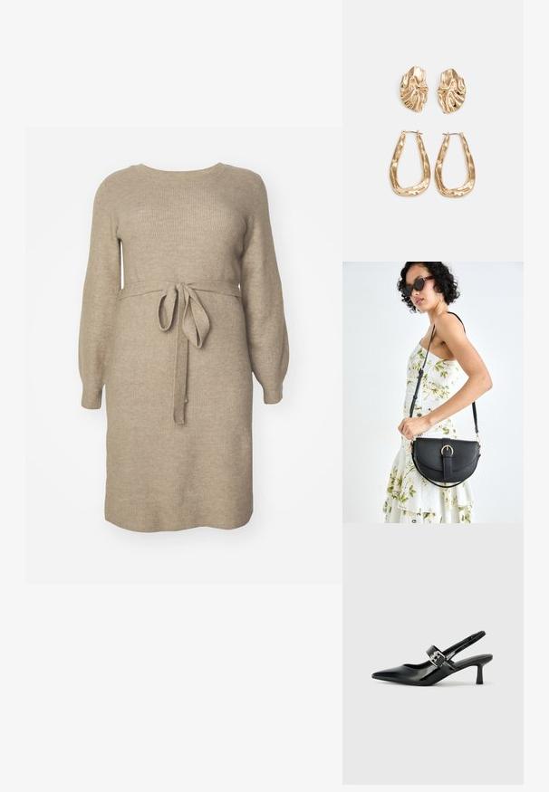 Pletené šaty v svetlo béžovej farbe s rebrovanou textúrou. Majú dlhé rukávy, okrúhly výstrih a látkový opasok zviazaný v páse.; Čierne patentové kožené sandále na podpätku so špicatou špičkou a malým blokovým podpätkom, s dekoratívnou striebornou sponou na remienku.; Čierna kožená kabelka s zaobleným tvarom, odnímateľným popruhom a zlatými doplnkami. Kabelka má klopu s detailom s prackou.; Náušnice v zlatej farbe s textúrovanými, vlnitými tvarmi. Obsahujú sochárske klipsové náušnice a otvorený tvar krúžku s kladivkovým povrchom.