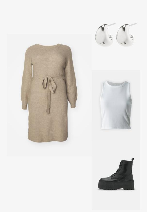 Abito lavorato a maglia in beige chiaro con una texture a coste. Presenta maniche lunghe, un colletto rotondo e una cintura di tessuto annodata in vita.; Top a canotta bianco a coste con scollatura rotonda e senza maniche, caratterizzato da un orlo dritto e una texture liscia e elastica.; Stivaletti neri con suola platform spessa, realizzati in pelle liscia, con un design alla schiava e una linguetta sul retro.; Orecchini a perno in argento con un design liscio e curvo. Presentano una finitura lucida e un fermo a perno per un indossamento sicuro.