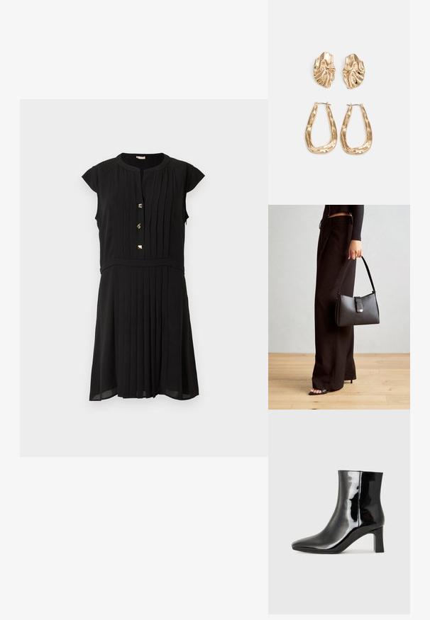 Rochie neagră cu mâneci scurte tip cap, cu un design plisat, cinci nasturi aurii și o talie ajustată cu un fustă fluidă.; Botine negre din piele lacuită, cu vârful ascuțit și toc bloc de înălțime medie. Textură netedă și design minimalist.; Genți negre cu o formă structurată, textură netedă și un închizător metalic. Asortată cu pantaloni negri largi și sandale cu vârf deschis pe un podea din lemn.; Cercei aurii cu forme texturate și ondulate. Include studs sculpturale cu clip și un design de cerc deschis cu un finisaj cioplit.