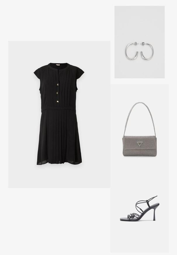 Musta mekko, jossa on lyhyet hihansuut, poimutettu muotoilu, viisi kultasävyistä nappia ja istuva vyötärö, joka laskeutuu virtaavaan hameeseen.; Mustat korkokengät sandaalit, joissa on ohuet hihnat solmittuna, sileä neliön muotoinen varvasosa ja tyylikäs stiletto-korko.; Vaalea harmaa metallinen käsilaukku, jossa on ketjusanka. Laukku on koristeltu pienillä pyöreillä metallikoruilla ja kolmion muotoisella brändilogolla.; Hopehopeet hopehopeet hopehopeet hopehopeet, jolla on sileä, kiiltävä pinta. Pyöreä muoto, kevyt rakenne, jossa on neulakiinnitys.