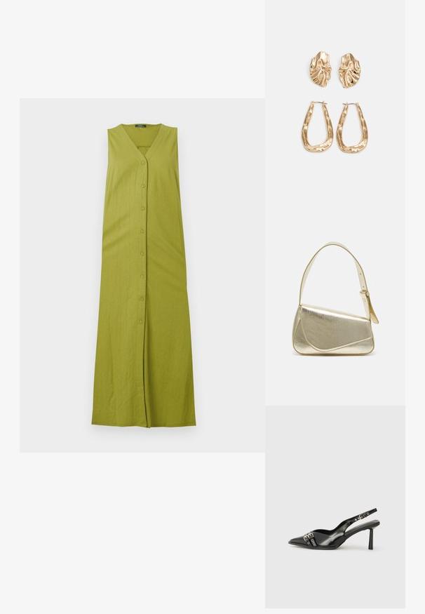 Žalia be rankovių maksi suknelė su V formos iškirpte, su sagų priekiu ir vertikaliu briaunotu tekstūru. Pagaminta iš minkštos, lengvos medžiagos.; Juodas lakuotas odinis batelis su smailiu pirštu, kulkšnies dirželiais su sidabrinėmis sagtimis ir detalėmis, bei plonu kulnu.; Aukso metalinės rankinės su struktūrizuotu dizainu, lygaus paviršiaus ir reguliuojama dirželiu. Pasižymi unikaliu trikampiu pavidalu ir minimalizmu siuvinėjime.; Auksinės auskarai, turintys tekstūruotus, bangų formos elementus. Įeina skulptūriniai segami auskarai ir atviri lankai su išmuštu paviršiumi.