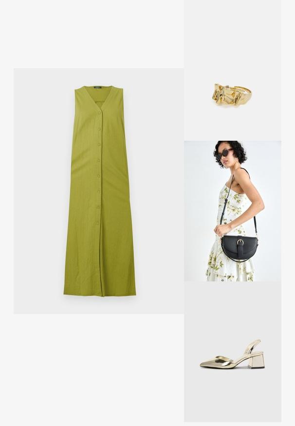 Roheline ilma varrukatega maxi kleit V-kaelusega, millel on nööpide eesosa ja vertikaalne ribatekstuur. Valmistatud pehmest ja kergest kangast.; Kuldne, metallilised slingback-kudumid terava varba ja paksu kontsaga. Sile tekstuur, minimalistlik disain ja kitsas rihm.; Mustmust mustraha kõverate joontega, eemaldatava rihmaga ja kuldsete detailidega. Kotil on klapp, millel on pandladetail.; Kuldne sõrmus tekstureeritud, lainelise disainiga, millel on kolm silmapaistvat tippu. Sile, läikiv pind ja avatud riba, mis võimaldab reguleeritavat sobivust.
