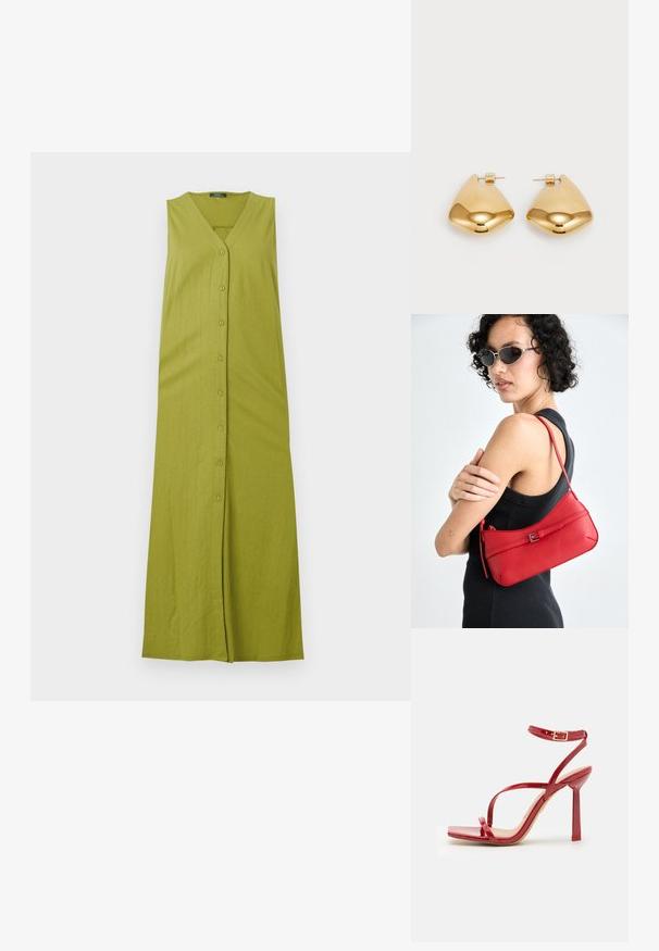 Zöld, ujjatlan maxi ruha V-nyakkal, gombos elülső résszel és függőleges bordás textúrával. Puha, könnyű anyagból készült.; ALDO SCINTILLA - Magas sarkú szandálok - red; Piros bőr válltáska sima felülettel, ívelt dizájnnal és dekoratív csattal. Állítható pánt és cipzáras záródás.; Aranyszínű fém fülbevalók sima, lekerekített háromszög alakúak, tűs hátlappal; tükröződő felület minimális díszítéssel.