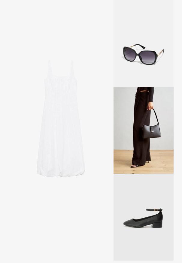 Weißes ärmelloses Kleid mit quadratischem Ausschnitt, A-Linien-Form, strukturiertem Stoff und gerafftem Saum.; Schwarze Lederpumps mit spitzem Zehenbereich und niedrigem Blockabsatz. Mit einem Knöchelriemen und einer goldfarbenen Schnalle. Glatte Textur.; Schwarze übergroße Sonnenbrille mit getönten Gläsern, dicken Rahmen und goldfarbener Kettendetaillierung an den Bügeln.; Schwarze Handtasche mit strukturierter Form, glatter Textur und einem metallischen Verschluss. Kombiniert mit weiten schwarzen Hosen und offenen Sandalen auf einem Holzboden.