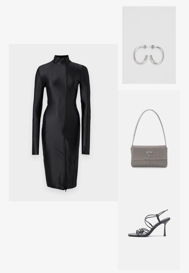 Musta pikkkleit, millel on pikad varrukad ja mis on valmistatud siledast, venivast kangast; omab kõrget kaelust ja täispikkuse tõmblukku ees.; Mustad musta värvi kontsandaalid on varustatud peente rihmadega, millel on sõlmekujundus, siledad ruudukujulised varbad ja stiilne stilettokonts.; Helehall metallik handbags, millel on kett, kaunistatud väikeste ümmarguste metallist õmblustega ja kolmnurkse brändi logoga.; Hõbedased rõngaskõrvarõngad, millel on sile ja läikiv pind. Ümar kuju, kerge disain, millel on post-tagumise kinnituse süsteem.