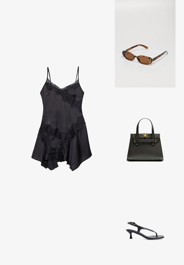 Schwarzes Satin-Nachthemd mit Spitzenrand, verstellbaren Spaghetti-Trägern und ausgestelltem Saum, weicher Textur und dekorativen Rüschendetails.; Schwarze Ledersandale mit schlankem Design, dünnen Riemen und einem kleinen Absatz. Verfügt über eine Schnallenakzent und eine glatt strukturierten Fußbett.; Schildpatt-Sonnenbrille mit ovalen Rahmen, braunen Gläsern und schlanken schwarzen Bügeln mit subtilen Musterakzenten.; Schwarze, strukturierte Tragetasche mit kurzen Griffen, ausgestattet mit einem goldenen Verschluss und Akzenten. Das Design ist strukturiert und weist eine geometrische Silhouette auf.