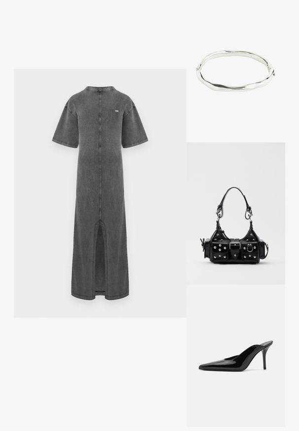 Harmaa farkkukangas maksimekko, jossa on lyhyet hihat, pyöreä pääntie, sivureikä ja hillitty logotyyli takasauman yläpuolella.; Mustat patentoidut korkeakorkoiset mulesandaalit, joissa on terävä kärki ja sulavalinjainen siluetti. Kenkäparissa on avonainen takaosa ja hoikka stiletto-korko.; Musta nahkainen käsilaukku, jossa on kaareva muotoilu, hopeiset niitit, solki ja kaksi sivutaskua. Säädettävä olkahihna erilaisiin kantovaihtoehtoihin.; Hohde hopeinen rannekoru, jossa on aaltoileva, epäsäännöllinen muotoilu. Tasainen pinta, joka on kiillotettu ja heijastaa valoa. Pyöreä muoto ilman huomattavia koristeita.