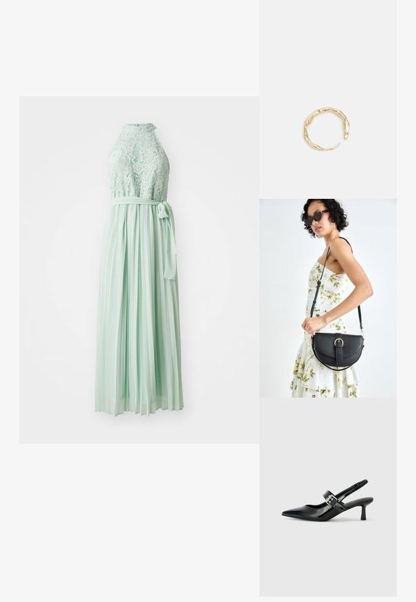 Mėtų žalia suknelė su nėriniuotu bodicu, aukštu kaklu ir klostuotu šifono sijonu. Pridedamas diržas, kuris yra surištas aplink liemenį.; Juodai lakuoti slingback aukštakulniai su smailiu kojų pirštu ir mažais blokiniais kulniukais, su sidabro sagtimi ant dirželio.; Juodas odinis krepšys su išlenkta forma, nuimamu dirželiu ir auksiniais detalėmis. Krepšys turi kilpą su sagtimi.; Auksinės spalvos žiedas, turintis organišką, sukimosi dizainą su lygiu paviršiumi ir siaurėjančiais galais, sukuriantis modernią skulptūrinę išvaizdą.