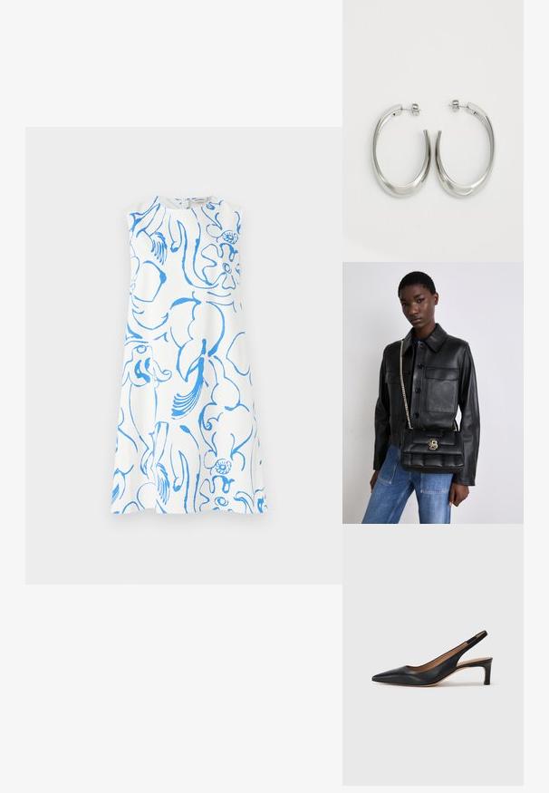Hvit ärmeløs kjole med et blått abstrakt blomsterdesign. Rund halslinje og løs A-linje silhuett uten synlige lukkinger.; Svart lær slingback pumpe med spiss tå, lav hæl og en jevn tekstur. Har en tynn justerbar stropp for en sikker passform.; Svart skinnjakke med knappelukking og to frontlommer, sammen med en svart kviltet håndveske med gullspenne og kjedehank.; Sølvøreringer med en jevn, buet design. Har en blank metallisk finish og en studlås. Ingen synlige mønstre eller aksenter.
