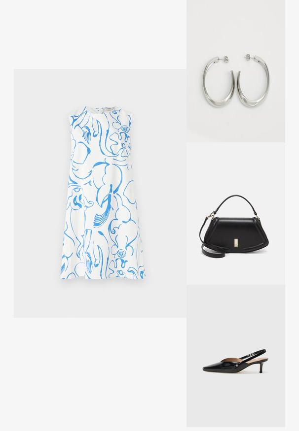 Vitt ärmlöst klänning med ett blått abstrakt blommönster. Rund halsringning och lös, A-linjekonstruktion utan synliga knäppningar.; Svart lackläder slingback pumps med spetsig tå, liten klack och ett utskärningsmönster på ovandelen. Guldtonad hårdvara som accent på sidan.; Svart läderhandväska med en strukturerad design, som har en avskuren form, ett handtag upptill och guldiga detaljer. Justerbar axelrem ingår.; Silverfärgade hoopsörhängen med en slät, böjd design. Har en glänsande metallisk yta och ett stiftlås. Inga synliga mönster eller detaljer.