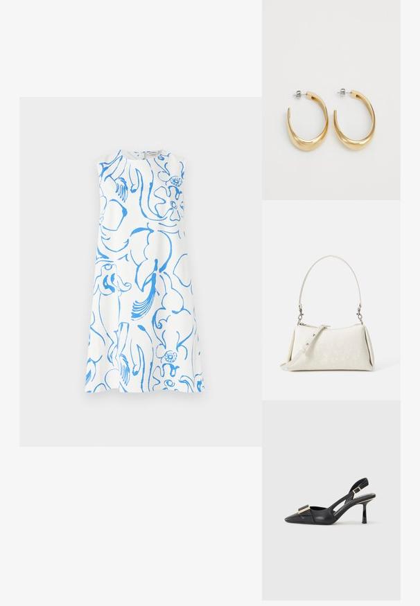 Hvit ärmeløs kjole med et blått abstrakt blomsterdesign. Rund halslinje og løs A-linje silhuett uten synlige lukkinger.; Svart skinn slingback-sko med spiss tå, slank hæl og gullfarget detalj på vampen. Glatt tekstur og strukturert design.; Hvit håndveske med glatt tekstur, buet silhuett og justerbar skulderrem. Har et subtilt logomønster og sølvfargede detaljer.; Gullfargede hoop øredobber med en glatt, buet design. Laget av metall, med en elegant finish og bakfeste.