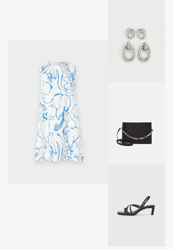 Rochie albă fără mâneci, cu un model floral abstract albastru. Decolteu rotund și o siluetă lejeră, în formă de A, fără închideri vizibile.; Sandal cu barete negre, cu vârf pătrat și toc mic de bloc. Prezintă mai multe barete subțiri și o bareta ajustabilă la gleznă. Fabricat din piele netedă.; Geantă de umăr din piele neagră, cu o textură netedă, formă rectangulară și un detaliu din lanț metalic în față. Include curea reglabilă.; Cercei din metal cu ton argintiu, prezentând două modele: un cerc cu fir răsucit și un cerc simplu, cu suport. Suprafața reflectorizantă sporește eleganța.
