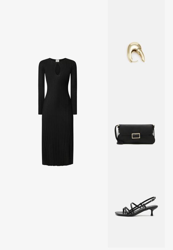 Abito a maglia ribbed nero con maniche lunghe, caratterizzato da un'apertura a chiave sul colletto. Silhouette dritta, lunghezza al ginocchio, tessuto testurizzato.; Sandali neri con tacco alto e molteplici cinturini incrociati. Materiale liscio, punta appuntita e tacco sottile. Cinturino alla caviglia regolabile con fibbia.; Borsa a mano in pelle nera con patta e dettaglio in metallo dorato. Include una tracolla nera e un design elegante e minimalista.; Orecchino in metallo color oro con un design elegante e curvo. Presenta una forma appuntita distintiva, superficie lucida e chiusura a cerniera.