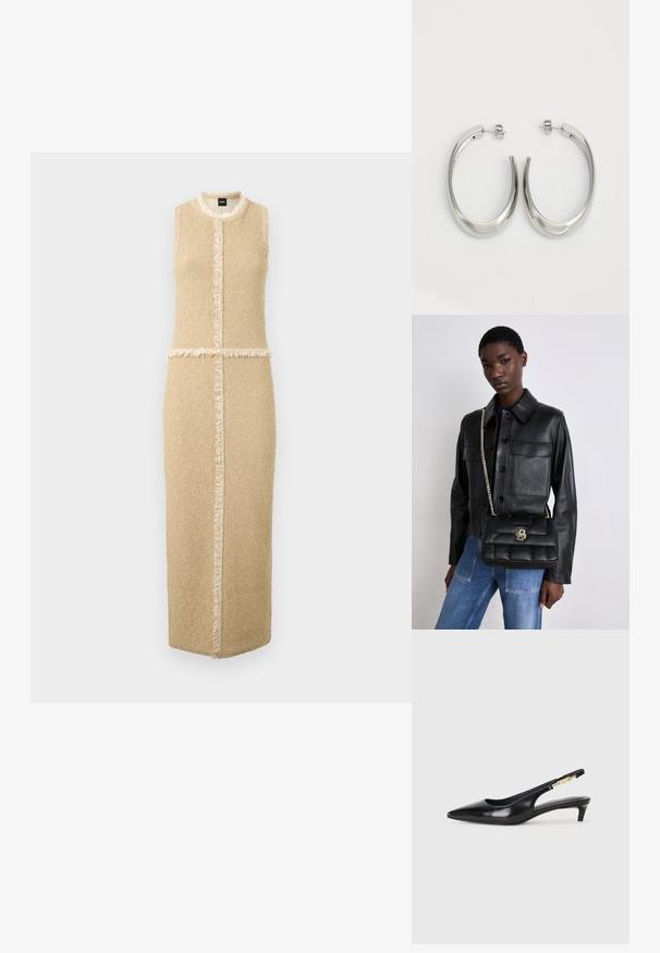 Bežs bezpiedurkņu kleita ar taisnu siluetu, teksturētu audumu, frēnu apdari gar malām un centrālo šuvumu.; Melnas ādas slingback zābaki ar smailu purngalu, ar šauru papēdi un zelta krāsas akcentu uz regulējama siksniņas. Gluda tekstūra.; Melnas ādas jaka ar pogu aizdari un divām priekšējām kabatām, kopā ar melnu pufīgu rokassomu ar zelta sprādzi un ķēdes siksnu.; Sudraba riņķveida auskari ar gludu, izliekta dizaina formu. Iezīmējas ar spīdīgu metāla apdari un pievienojamu aizdari. Nav redzamu rakstu vai akcentu.