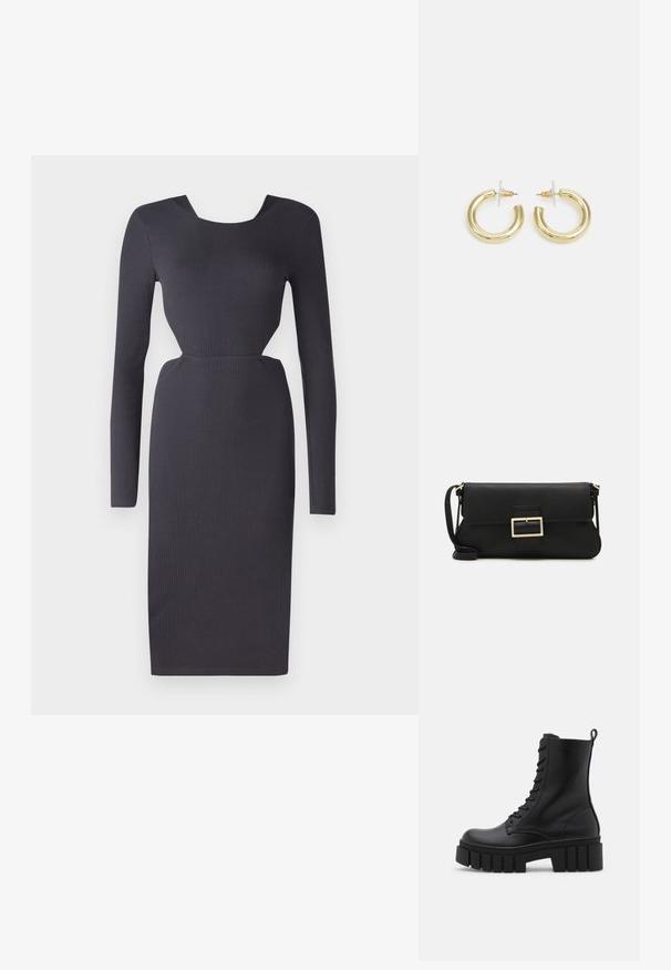 Tumehall ribast pikakäistega kleit, millel on figuuri rõhutav siluett, ümmargune kaelus ja tekstuuritud kangas. Pikkus kuni poolde sääre, külgedel lõhikuga detail.; Must mustaanklid mustast nahast, paksu ja soonilise tallaga, sidumisena esiotsaga ja tõmbevahega, suvalisel valgel taustal.; Must haben musta nahkklahviga kott, millel on klapp ja kuldne metallist pandla detail. Kaasas must rihm ja stiilne, minimalistlik disain.; Kuldne rõngassõrmused sileda ja läikiva viimistlusega. Ringikujuline disain, millel on väike post ja selge tagumine külg, et tagada kindel kandmine.