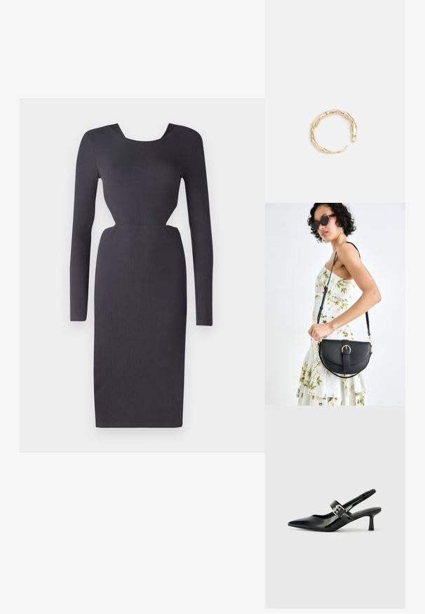 Tummanharmaa ribattu pitkähihaava mekko, jossa on tiukka siluetti, pyöreä kaula-aukko ja teksturoitu kangas. Keskivartalon pituinen, jossa on sivuleikkausyksityiskohta.; Musta patenttinaahkakengät, joissa on osoittava kärki ja pieni lohko korko, varustettuna hopeisella soljella hihnassa.; Musta nahkainen käsilaukku, joka on kaareva muotoilultaan, irrotettavalla hihnalla ja kultaisilla yksityiskohdilla. Laukussa on läppä, jossa on solk yksityiskohta.; Kultaketju, jossa on orgaaninen, kierretty muotoilu, sileä pinta ja cappatut päät, luoden modernin, veistoksellisen ilmeen.