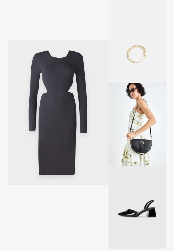 Dunkelgraues, geripptes Langarmkleid mit taillierter Silhouette, Rundhalsausschnitt und strukturiertem Stoff. Knielange, mit seitlichem Ausschnitt.; Schwarze Lackleder-Slingback-High Heels mit spitzem Schuh und einem geometrischen Blockabsatz. Verfügt über ein schlankes, minimalistisches Design und eine glatte Textur.; Schwarze Lederhandtasche mit geschwungener Form, abnehmbarem Tragegurt und goldenen Beschlägen. Die Tasche verfügt über einen Deckel mit einer Schnallen-Details.; Goldfarbener Ring mit einem organischen, gedrehten Design, glatter Oberfläche und sich verjüngenden Enden, was ein modernes, skulpturales Erscheinungsbild erzeugt.