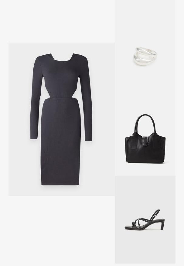 Abito lungo a maniche lunghe grigio scuro a coste con silhouette aderente, scollatura a girocollo e tessuto testurizzato. Lunghezza fino a metà polpaccio con dettaglio di taglio laterale.; Sandalo nero con cinturini, dalla punta squadrata e tacco basso a blocco. Presenta diversi cinturini sottili e una cinturini regolabile alla caviglia. Realizzato in pelle liscia.; Borsa tote in pelle nera con texture liscia, forma strutturata, due manici e un evidente dettaglio in fibbia argentata sul davanti.; Anello doppio in argento con superficie liscia e lucida. Presenta un design fluido e curvo con sezioni sovrapposte per un aspetto moderno.