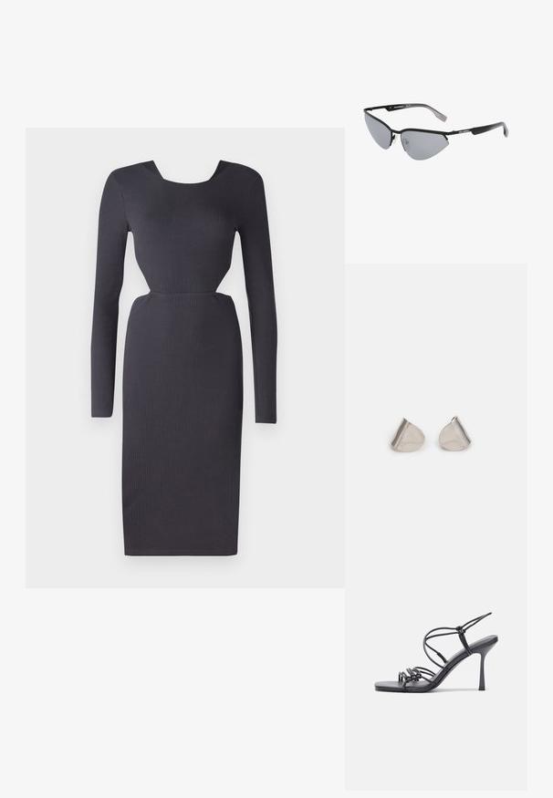 Rochie lungă cu mânecă lungă de culoare gri închis, cu o siluetă ajustată, gât rotund și material texturat. Lungime medie până la jumătatea gambei, cu un detaliu de tăietură pe lateral.; Sandale negre cu toc înalt au curele subțiri cu un design legat, un vârf pătrat neted și un toc stiletto elegant.; Ochelari de soare negri cu un design unghiular, tip cat-eye. Lentile argintii oglindite. Rame subțiri, ușoare din plastic, cu o marcă subtilă pe tâmple.; Cercei din metal argintiu cu o formă netedă, în formă de lacrimă și un finisaj lucios. Gravuri subtile adaugă detalii. Design minimalist.