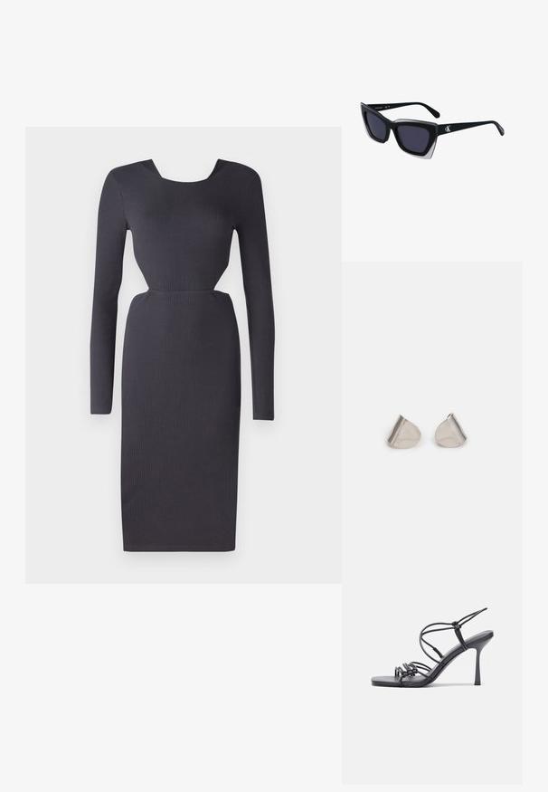 Tamno siva rebrasta haljina dugih rukava s prikladnim krojem, okruglim izrezom i teksturiranim materijalom. Dužina do sredine lista s bočnim izrezom.; Crne sandale na visokoj potpetici imaju tanke trake s čvorastim dizajnom, glatki kvadratni vrh i elegantnu stiletto petu.; Crne oversize sunčane naočale geometrijskog oblika, s tamnim staklima i kontrastnom sivom dekoracijom na okviru. Logo na dršci.; Srebrne metalne naušnice s glatkim, oblikom suze i poliranim završetkom. Suptilni utori dodaju detalje. Minimalistički dizajn.