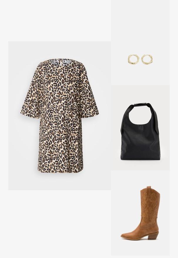 Lauvas raksta kleita ar īsām piedurknēm, apaļu kakla izgriezumu un divām priekšējām kabatām. Izgatavota no teksturēta auduma, kurā ir bēša, brūna un melna krāsa.; Brūni ādas kovboju zābaks ar norādītu purngalu, izšūtām viļņveida apakšējo detaļu un sakrautajiem blokiem. Iezīmēts ar velkšanas cilpu ērtai uzvilkšanai.; Melna ādas hobo soma ar vienu mīkstu, noapaļotu rokturi; tai ir gluda virsma un minimālistisks dizains. Nav redzamu metāla detaļu vai akcentu.; Zelta riņķveida auskari ar tekstūru un neregulāru formu. Iekļauj bezšuvju aizdari un pulētu virsmas apdari, uzsverot mūsdienīgu dizainu.