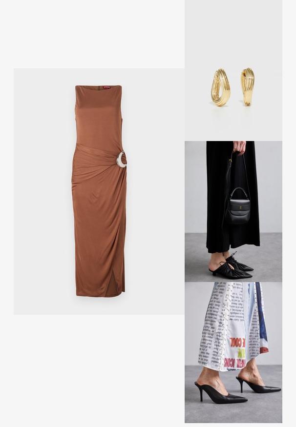 Rochie maxi fără manșon, de culoare maro, cu un accent circular argintiu la talie și detalii drapate, având o fanta laterală pentru un plus de libertate în mișcare.; Muli negri din piele cu vârful ascuțit și toc stiletto, asortați cu o îmbrăcăminte albă cu un model care dispune de detalii cu șireturi.; Geantă mică din piele neagră, cu o formă rotunjită, mânere superioare și curea detașabilă. Pur tată cu o rochie din material negru și pantofi plisati negri.; Cercei din metal auriu, cu un design răsucit, având o textură îmbătrânită și o finisare netedă. Construcție ușoară și goală.