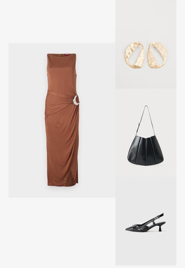 Barna ujjatlan maxi ruha kerek ezüst kiegészítővel a deréknál, redőzött részlettel, amely oldalsó hasítékkal rendelkezik a szabad mozgás érdekében.; Fekete bőr slingback cipő hegyes orral, dekoratív pántokkal, fém szemekkel és alacsony blokk sarkú. Texturált felület.; Fekete bőr válltáska redőzött dizájnnal, sima textúrával, egyetlen pánttal és egy diszkrét arany hardver kiemeléssel.; Egy pár szabálytalan, ovális formájú, aranyszínű fém fülbevaló, enyhén kalapált felülettel, fehér háttéren.