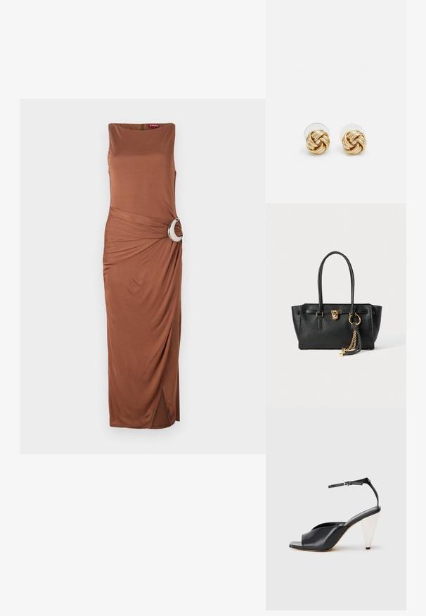 Pruun ilma varrukateta maksikleid, millel on ümmargune hõbedane aksessuaar vööl ja langev detail, ning külje lõhe, mis võimaldab vabalt liikuda.; Must mustril kõrge kontsaga sandaalid avatud varbaga, asümmeetrilise disainiga, pahkluukeevikuga ja metallilise koonusja kontsaga. Ühtlane tekstuur üle kogu.; Must musta kott, millel on kahekordsed käepidemed, kuldne lukustus ja kett, ning must-valge tutikate aksessuaar valge tausta ees.; Kuldse tooni sõlm kõrvarõngad, millel on keeratud disain. Igal kõrvarõngal on ringikujuline läbipaistev tagaosa, mis tagab kindla kandmise.
