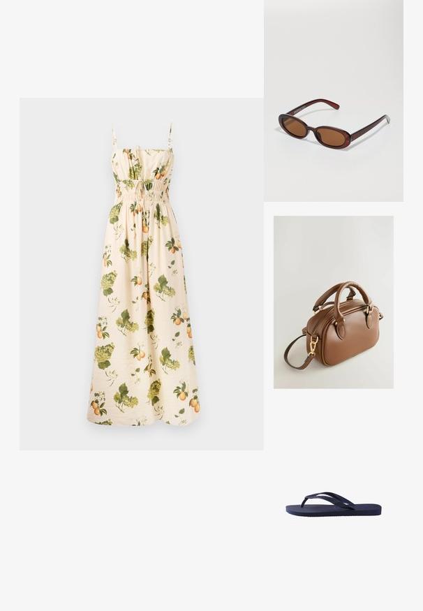 Maksimālā kleita gaiši beidzīgā audumā ar zaļiem un oranžiem augļu un lapu rakstiem. Iespējas regulējamas siksnas un smocka viduklis formai.; Tumsas zila krāsa flip-flopi ar teksturētām gumijas siksnām un zoli, ar viļņainu rakstu uz siksnām un plakanu, rievotu pēdas daļu.; Apaļas, brūnīgi nokrāsotas saulesbrilles ar spīdīgu bordo rāmīti. Šauri kāti ar diskrētu zīmola detaļu. Plakana objektīva dizains.; Next BOWLER CHARM - Rokassoma - tan brown