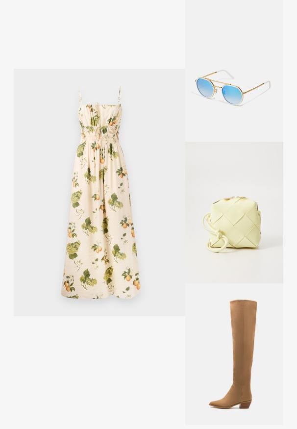 Maksi haljina u svijetlo bež tkanini s uzorcima voća i lišća u zelenoj i narančastoj boji. Ima podesive naramenice i smockani struk za oblik.; Botte smeštem u visini koljena u bež boji, izrađene od glatkog materijala s špicastim vrhom i niskim složenim potplatom. Jednostavan dizajn, bez vidljivih uzoraka ili akcenta.; Ray-Ban UNISEX - Sunčane naočale - gold-coloured; Žuta, tkanеna torbica s kvadratnim dizajnom, koja ima glatku teksturu, dekorativnu čvoranu naramenicu i zlatne detalje.