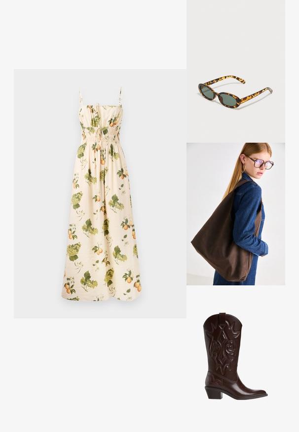 Maxikleid aus hellbeigem Stoff mit grünen und orangefarbenen Früchten sowie Blättern. Es verfügt über verstellbare Träger und eine geraffte Taille für die Form.; Dunkelbraune Leder-Cowboystiefel mit dekorativer Schnittnaht, spitzer Zehenform, mittelhohem gestapeltem Absatz und Zugschlaufe an der Oberseite.; Schildpatt-Sonnenbrille mit ovalen Rahmen, dunklen grünen Gläsern und schlanken Bügeln. Mit einem dezenten Logo auf dem Bügel.; Braune Leder-Handtasche mit weicher Textur, geräumigem Design und einem einzigen Tragegurt. Kombiniert mit einer blauen Jeansjacke.