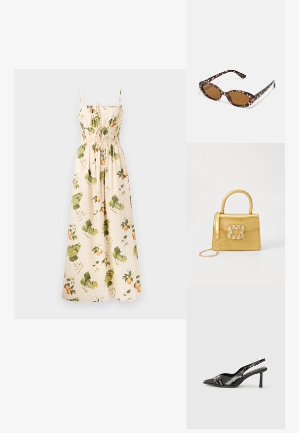 Abito maxi in tessuto beige chiaro con motivi di frutta e foglie verdi e arancioni. Presenta spalline regolabili e una vita arricciata per una forma definita.; Scarpa slingback in vernice nera con punta affusolata, cinturini alla caviglia con fibbie in argento e accessori, e tacco sottile.; Occhiali da sole in tartaruga con lenti ovali, tono marrone, bracci sottili con un motivo testurizzato, montatura in plastica leggera.; Borsa finta coccodrillo gialla con design strutturato, manico superiore, tracolla a catena removibile e abbellimenti in cristallo decorativi sulla chiusura.