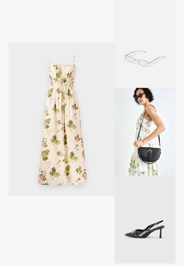 Maxikleid aus hellbeigem Stoff mit grünen und orangefarbenen Früchten sowie Blättern. Es verfügt über verstellbare Träger und eine geraffte Taille für die Form.; Schwarzer Lackleder Slingback-Schuh mit spitzem Zehenbereich, Knöchelriemen mit silbernen Schnallen und Beschlägen sowie einem schlanken Absatz.; Ovale Brillen mit einem metallisch-silbernen Rahmen, klaren Gläsern und strukturierten Perlenakzenten an den Bügeln. Leichtes Design mit gebogenen Bügeln.; Schwarze Lederhandtasche mit geschwungener Form, abnehmbarem Tragegurt und goldenen Beschlägen. Die Tasche verfügt über einen Deckel mit einer Schnallen-Details.