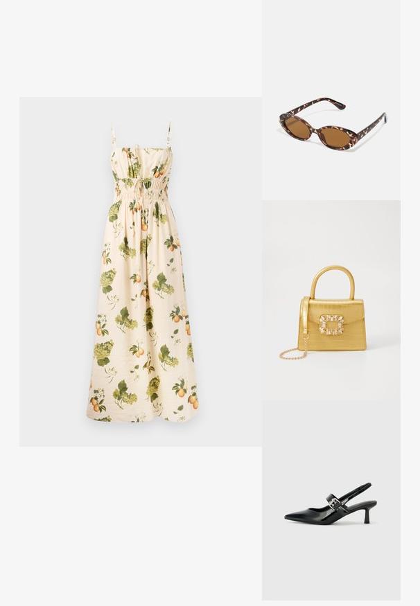 Maxi-mekko vaaleanbeigessä kankaassa, jossa on vihreitä ja oransseja hedelmä- ja lehtikuvioita. Mekossa on säädettävät olkaimet ja rypytetty vyötärö muodon saamiseksi.; Musta patenttinaahkakengät, joissa on osoittava kärki ja pieni lohko korko, varustettuna hopeisella soljella hihnassa.; Kameleontin kuorilla varustetut aurinkolasit, joissa on ovaalit linssit, ruskeat sävyt, ohuet, tekstuurilla varustetut varsiosat ja kevyet muovikehykset.; Keltainen keinonahkainen krokotiililaukku, jossa on jämäkkä muotoilu, yläkahva, irrotettava ketjusanka ja koristeellinen kristallikoristelu lukossa.