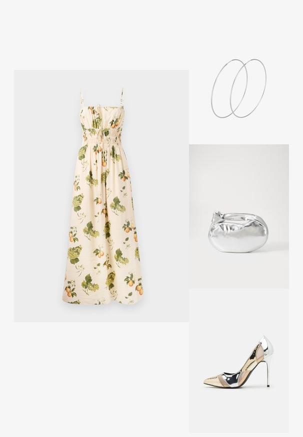 Robe maxi en tissu beige clair avec des motifs de fruits et de feuilles verts et orange. Dispose de bretelles réglables et d'une taille froncée pour la silhouette.; Chaussure à talon aiguille à bout pointu avec un schema de couleurs argent, or et nude. Fini brillant avec un design découpé, dotée d'un talon stiletto.; Pochette en métal argenté avec une forme douce et arrondie et un fermoir en haut noué. Fabriquée en simili cuir lisse.; Boucles d'oreilles en argent au design minimaliste. Forme circulaire, texture lisse et profil fin. Légères avec une finition polie.