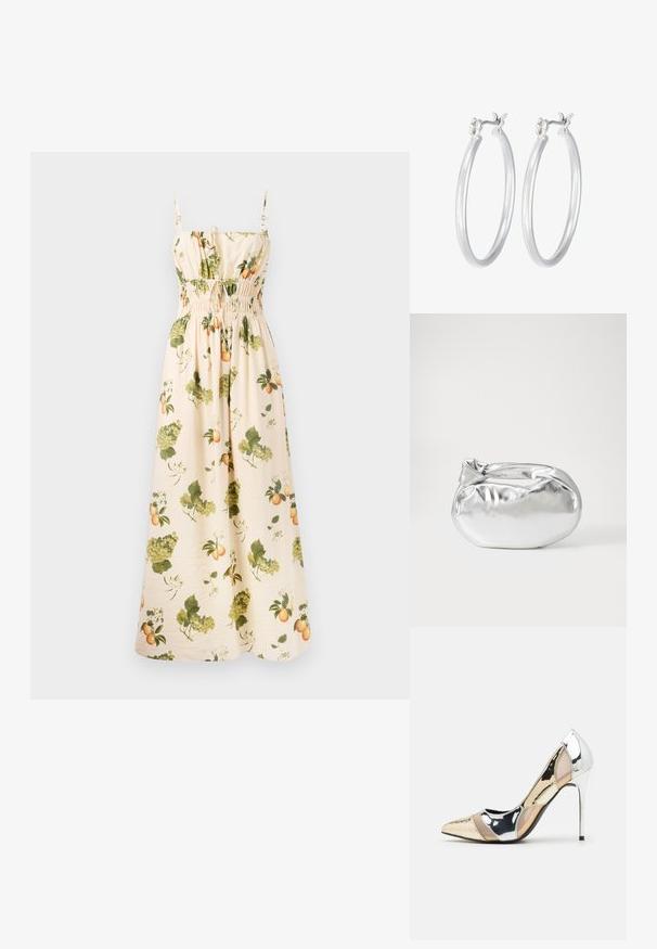 Maxi-jurk van pale beige stof met groene en-oranje fruit- en bladpatronen. Voorzien van verstelbare bandjes en een smocktail voor een mooie pasvorm.; Puntige hoge hak schoenen met een zilver, goud en nude kleurenschema. Glanzende afwerking met uitsnijdingen en een stiletto hak.; Zilveren metalen pouch bag met een zachte, afgeronde vorm en een geknoopte sluiting aan de bovenkant. Gemaakt van soepel faux leren materiaal.; Zilveren oorbellen in de vorm van een gladde, gepolijste ring. Ronde vorm met een veilige kliksluiting. Lichtgewicht ontwerp, geschikt voor dagelijks gebruik.