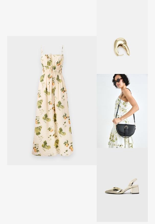Maxikleid aus hellbeigem Stoff mit grünen und orangefarbenen Früchten sowie Blättern. Es verfügt über verstellbare Träger und eine geraffte Taille für die Form.; Goldene, metallische Slingback-Absätze mit spitzem Zeh und dicker Ferse. Glatte Textur, minimalistisches Design und ein schmaler Riemen.; Schwarze Lederhandtasche mit geschwungener Form, abnehmbarem Tragegurt und goldenen Beschlägen. Die Tasche verfügt über einen Deckel mit einer Schnallen-Details.; Ohrringe aus goldfarbenem Metall mit einem schlanken, geschwungenen Design. Sie verfügen über eine markante, spitze Form, eine polierte Oberfläche und einen Scharnierverschluss.