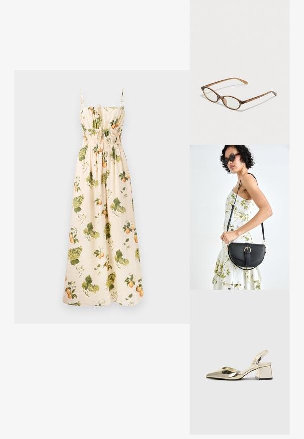 Ilgas maksi suknelė šviesiai bežinės spalvos audinys su žaliais ir oranžiniais vaisių bei lapų raštais. Savybės: reguliuojamos petnešos ir susiraukšlėjęs liemuo formai.; Auksiniai, metaliniai slingback aukštakulniai bateliai su smailiu pirštu ir masyviu kulnu. Lygus paviršius, minimalizmo dizainas ir siaura juostelė.; Rudos aukso dėklai su ovaliais lęšiais, plonomis kojelėmis ir skaidriais akcentais. Ant šventyklos yra subtilus logotipas. Plonas, lengvas dizainas.; Juodas odinis krepšys su išlenkta forma, nuimamu dirželiu ir auksiniais detalėmis. Krepšys turi kilpą su sagtimi.