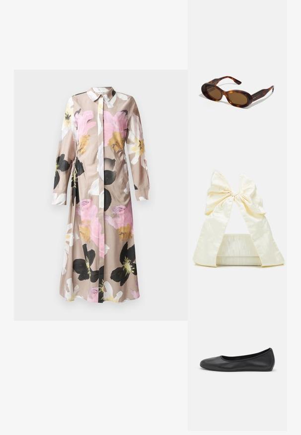 Kwiatowa sukienka z guzikami z przodu, długimi rękawami, w jasnobeżowym materiale z różowymi, czarnymi i białymi abstrakcyjnymi wzorami kwiatowymi.; Czarne skórzane baletki z zaokrąglonym noskiem, gładką fakturą, minimalnymi przeszyciami i elastycznym designem podeszwy.; Okulary przeciwsłoneczne w stylu żółwi, z owalnymi soczewkami, brązowym odcieniem i złotymi akcentami na ramionach. Grube oprawki o błyszczącej powierzchni i gładkiej fakturze.; Loeffler Randall RAMONA biały