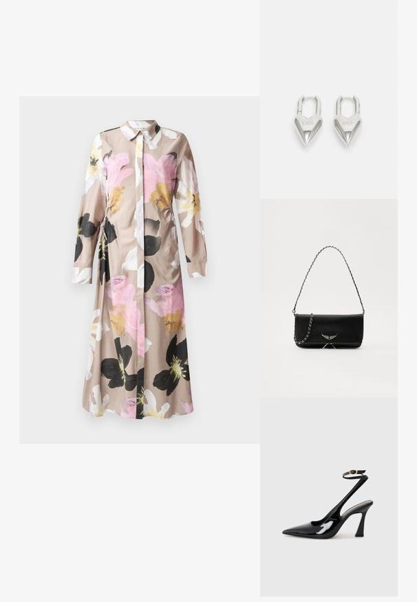 Cvjetna haljina s dugim rukavima i kopčom na prednjem dijelu, od svijetlo bež tkanine s apstraktnim uzorcima ružičastih, crnih i bijelih cvjetova.; Crne lakirane slingback cipele s visokom potpeticom, u obliku špice, s podesivim remenom oko gležnja i umjerenom blok-potpeticom. Glatka tekstura s sjajnim završetkom.; Crna kožna torba s srebrnim lanac strapom, s dekorativnim krilnim naglascima i bijelim šavovima duž donjeg šava.; Srebrni padlockovi u obliku srca s ugraviranim tekstovima "DA" i "NE", s poliranim završnim obradama, simetričnim dizajnom i robusnim metalnim kopčanjem.