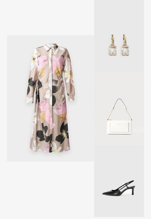 Robe fleurie avec un devant à boutons, manches longues, en tissu beige clair présentant des motifs de fleurs abstraites roses, noires et blanches.; Escarpin slingback en vernis noir avec un bout pointu, présentant un imprimé serpent texturé, une sangle réglable et un petit talon bloc texturé.; Sac à main en cuir blanc avec un fini texturé, doté d'une bandoulière en chaîne dorée et d'accents noirs. Comprend une poche avant et une fermeture éclair.; Boucles d'oreilles en or lumineux avec un cristal rectangulaire transparent pendent sous une rangée de petits accents ronds transparents. Design élégant et moderne.