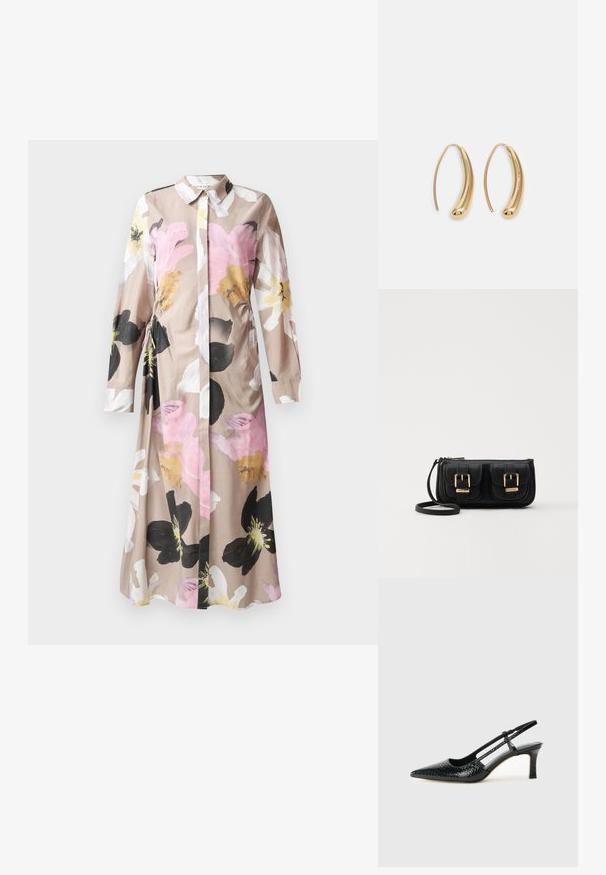 Lillebeige kangast lillemustriga kleit, millel on nööbid ees, pikad varrukad ja roosa, musta ning valge abstraktse lillemustriga.; Mustmust paelad, millel on terav varvas, tekstuuriga maduprindiga, reguleeritav rihm ja lühike tekstuuriga plokknina.; Must küllastamata nahast õlakott, millel on kaks esist nähtavat taskut, kuldsed pandlad, tõmblukuga sulgemine ja peen rihm. Tekstuuriga pind ja kompaktne ristkülikukujuline kuju.; Kuldtoonilised metallist rõngas kõrvarõngad, millel on kõver ja piklik kuju. Omavad siledat, läikivat pinda ja ümarat tipptugevdust, mis lisab detaili.