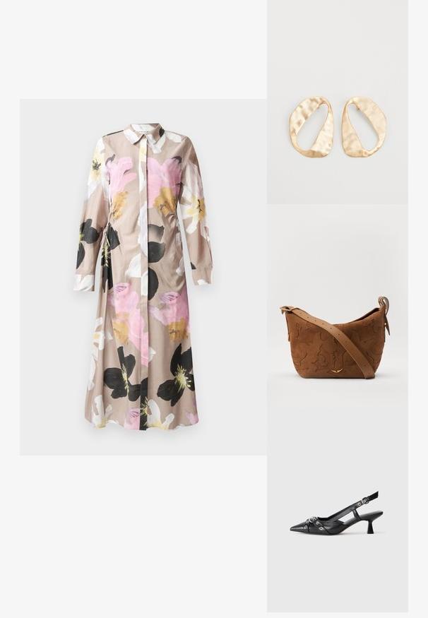 Florales Kleid mit durchgehender Knopfleiste, langen Ärmeln, leicht beigem Stoff mit abstrakten Blumenmustern in Rosa, Schwarz und Weiß.; Schwarzer Leder-Slingback-Schuh mit spitz zulaufender Zehenpartie, dekorativen Riemen mit METALLÖSEN und niedrigem Blockabsatz. Strukturelle Oberfläche.; Braune Wildleder-Schultertasche mit geprägtem floralen Design, ergänzt durch einen glatten braunen Ledertrageriemen und goldfarbenen Hardware-Akzenten.; Ein Paar unregelmäßige, oval geformte Ohrringe aus goldfarbenem Metall mit einer strukturierten, leicht gehämmerten Oberfläche auf weißem Hintergrund.