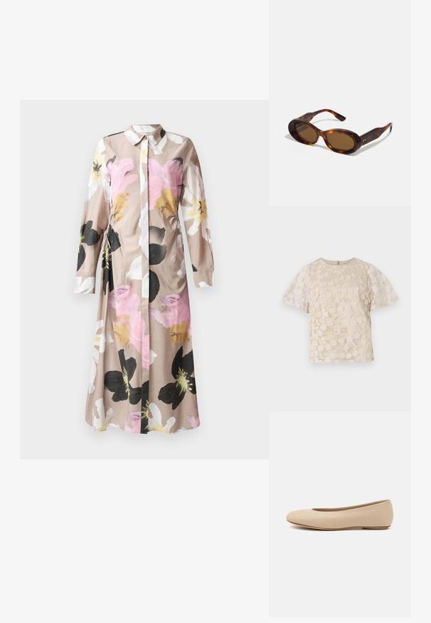 Kvetinové šaty s gombíkovým zapínaním vpredu, dlhé rukávy, svetlo béžová tkanina s abstraktnými kvetinovými vzormi v ružovej, čiernej a bielej farbe.; Béžová blúzka s kvetinovou výšivkou, priesvitnými balónovými rukávmi, okrúhlym výstrihom a zadným zipsom. Textúrovaný kvetinový vzor na prednom panely.; Béžové kožené baleríny s okrúhlym prstom, minimálnym švom, nízkym podpätkom a diskrétnym logom na zadnej strane. Hladká, matná textura.; Slniečkovo hnedé slnečné okuliare s ovalnými šošovkami, zlatými akcentmi na rámčekoch. Hrubé rámy s lesklým povrchom a hladkou textúrou.