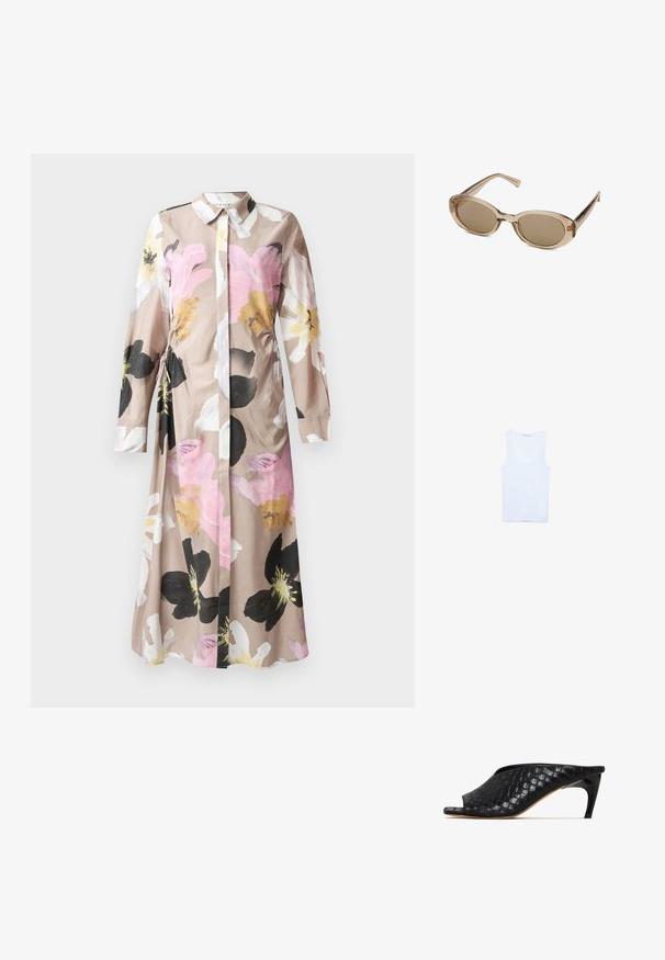 Blommig klänning med knäppning fram, långa ärmar, ljusbeige tyg med rosa, svart och vita abstrakta blommönster.; Vit bomullstopp utan ärmar, har rund halsringning och breda axelremmar. Slät struktur, ärmlös design och figurnära silhuett.; Svarta vävda mule-skor med öppen tå och en elegant, böjd klack. Materialet har en blank yta och har ett strukturerat, rutigt mönster.; Solglasögon med en transparent beige ram, ovala linser och smala stänger. Har ljusbruna tonade linser och minimal branding.; Tote-väska i beige tyg med brunmönstrade detaljer. Har en rundad form, ett enskilt handtag och en logotavla på framsidan med silverfärgad hårdvara.