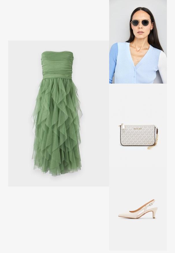 Bežė per petį žalia suknelė su raukiniais ant krūtinės ir sluoksniuotu volaniniu sijonu, pagaminta iš lengvos medžiagos. Pusiau permatoma tekstūra sustiprina srovę.; Balti slingback kulniukai su smailiu pirštu, lygia viršutine medžiaga, žemu blokuotu kulnu ir šoniniu išpjovimu su reguliuojamu sagtimi.; Apskriti saulės akiniai su tamsiais objektyvais ir auksiniais rėmeliais. Modelis vilki šviesiai mėlyną, raukinį kardiganą su mygtukais ir kontrastingomis baltomis rankovėmis.; Michael Kors rankinė smėlio spalvos dengto kanvoje su pakartotiniu MK logotipo raštu, auksinėmis detalėmis ir nuimamu grandininiu dirželiu.