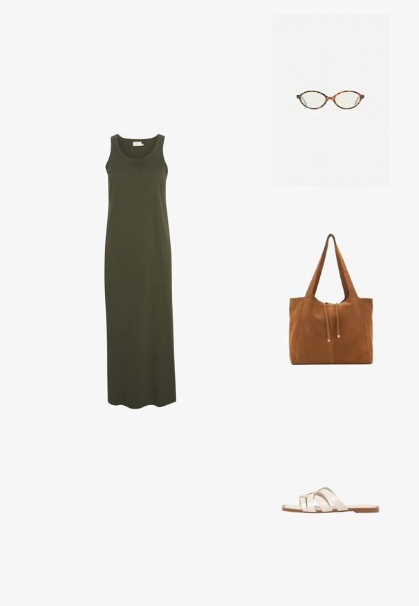 Lång, ärmlös klänning gjord av solid mörkgrön bomull med rund halsringning och en rak, flödande silhuett.; Platta sandaler med en brun gummisula, designade med tre överlappande vita läderspännen och en liten rosett i mitten.; Sköldpaddsmönstrade glasögon med ovala linser och en elegant, slät yta. Har tunna sidor med en subtil kurva vid tinningarna. Klara linser.; Brun mockaläders toteväska med två långa remmar, dragsko-stängning och minimalistisk design. Slät textur och inga synliga metallaccenter.