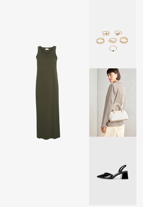 Duga haljina bez rukava od tamnozelene pamučne tkanine s okruglim izrezom i ravnim, lepršavim krojem.; Crne lakirane kožne sandale s otvorenom petom i špicastim vrhom, s geometrijskom blok petom. Imaju elegantan, minimalistički dizajn i glatku teksturu.; Bijela strukturna torba s kratkim ručkama i remenom za rame, s zlatnim metalnim detaljima i teksturiranim materijalom, prikazana na sivoj pozadini.; Set od šest zlatnih prstenova s različitim dizajnima: pleteni, listnati motivi i čvrste trake; neki s akcentima od zelenih dragulja.