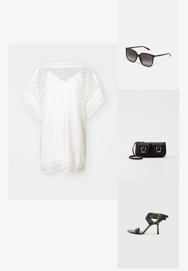 Bílý, volný top vyrobený z krajkového materiálu s geometrickými vzory, krátké rukávy a dekorativní lem se vykrojenými detaily.; Černé sandály na podpatku s kříženými popruhy a nastavitelnou sponou. Mají hladký povrch a špičatý stiletto podpatek.; Černé obdélníkové sluneční brýle se zrcadlovými skly, plastový rám a kovový logový akcent na spánku. Klasický design s hladkým povrchem.; Černá kožená crossbody taška se dvěma předními kapsami, zlatými přezkami, zipovým uzávěrem a štíhlým popruhem. Texturovaný povrch a kompaktní obdélníkový tvar.